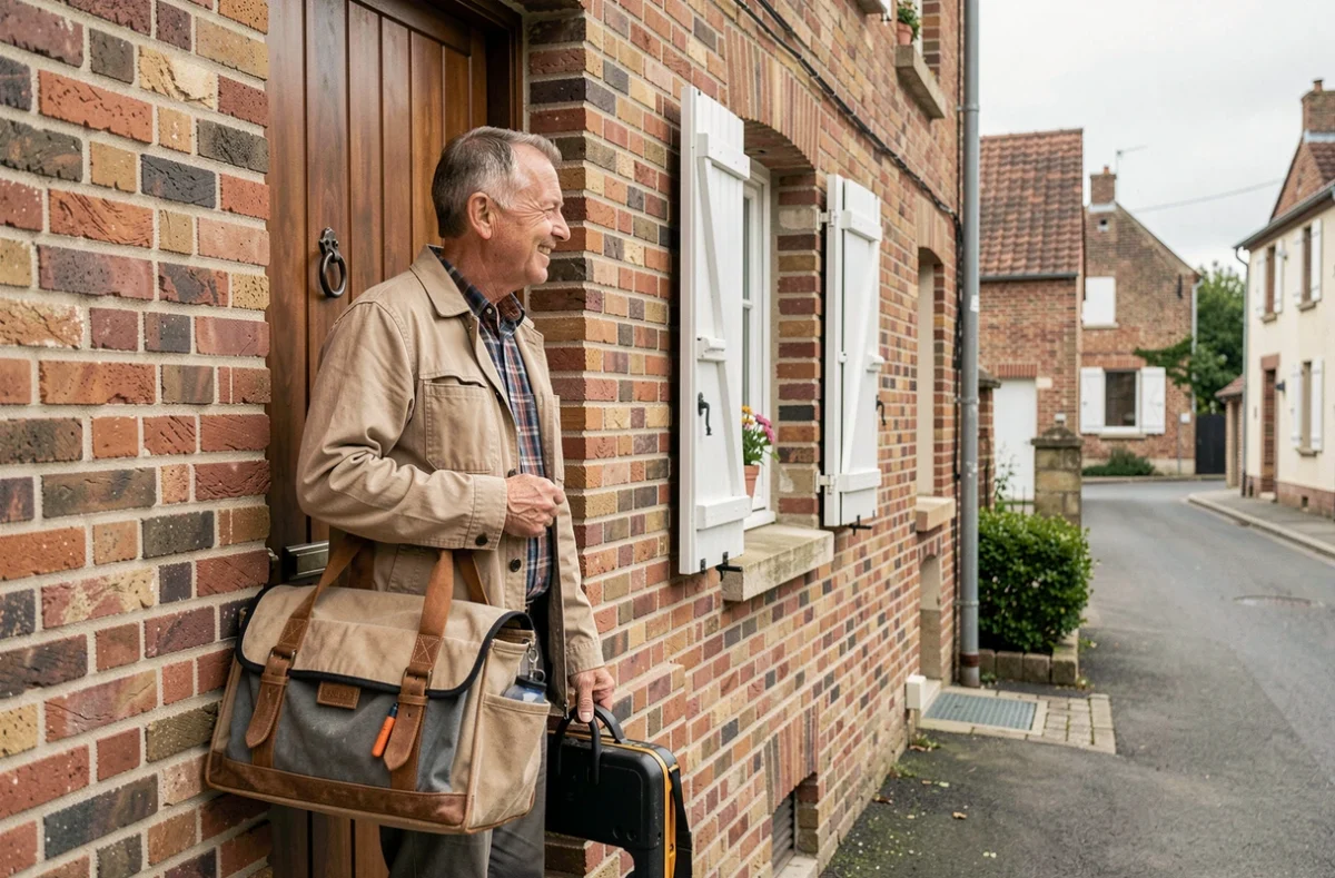 François Fontaine, plombier artisan local, arrivant chez un client dans un village de la Somme pour une intervention d'urgence
