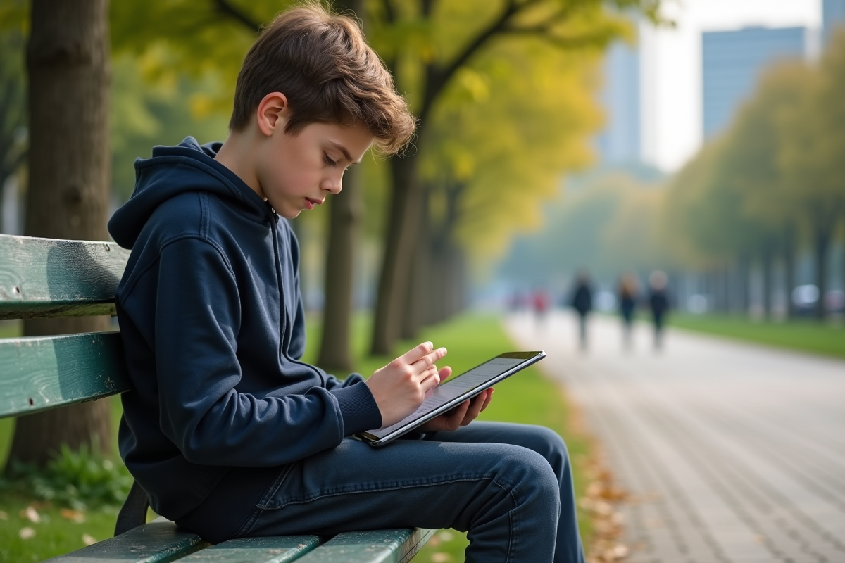 Garçon lisant une tablette dans un parc en plein air