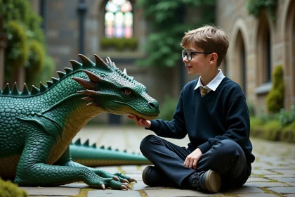 Jeune garçon en uniforme touche un dragon dans une cour de château