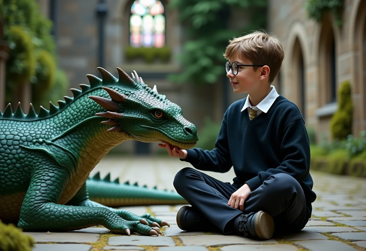 Jeune garçon en uniforme touche un dragon dans une cour de château