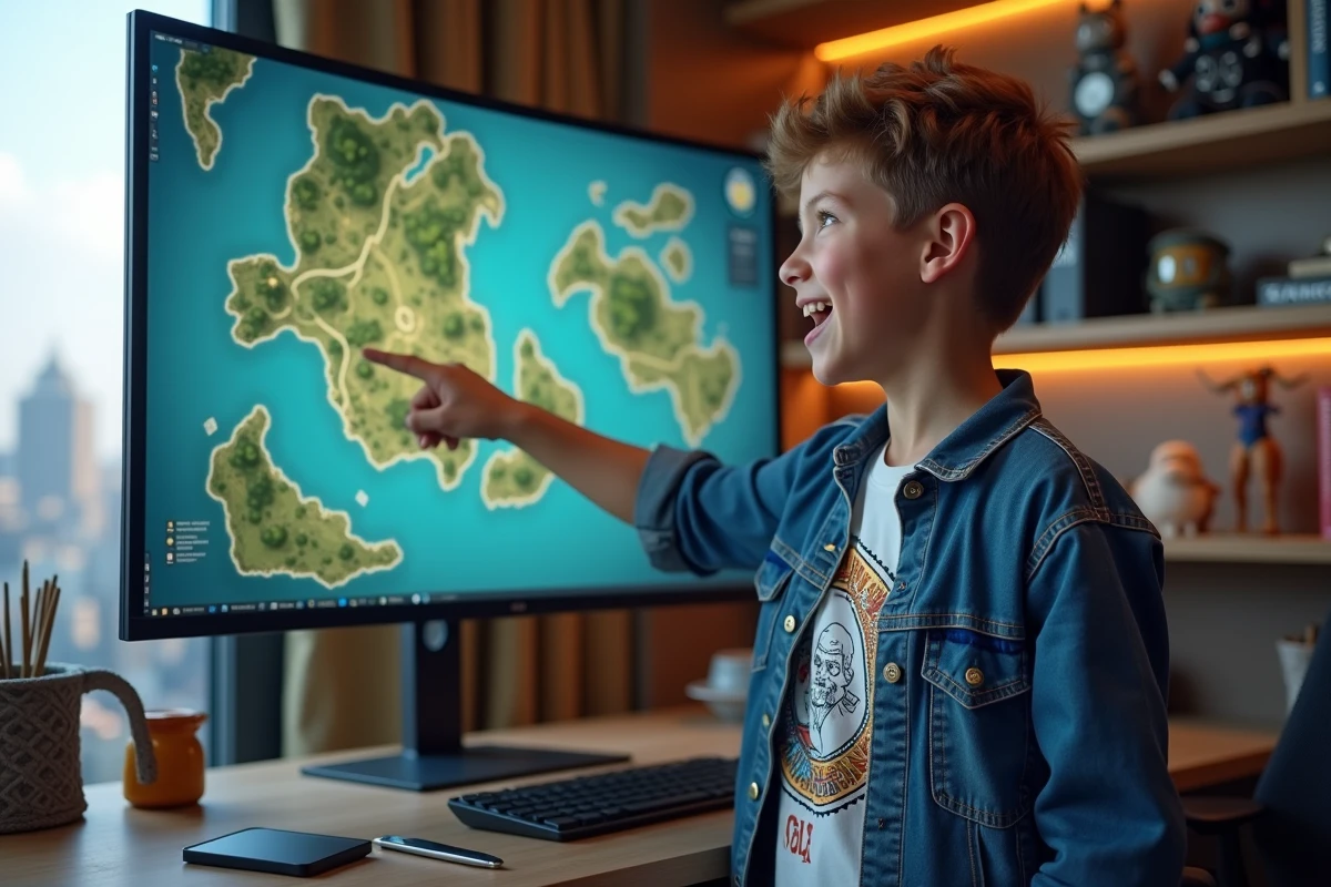 Garçon pointant une carte dofus sur un moniteur dans un bureau moderne