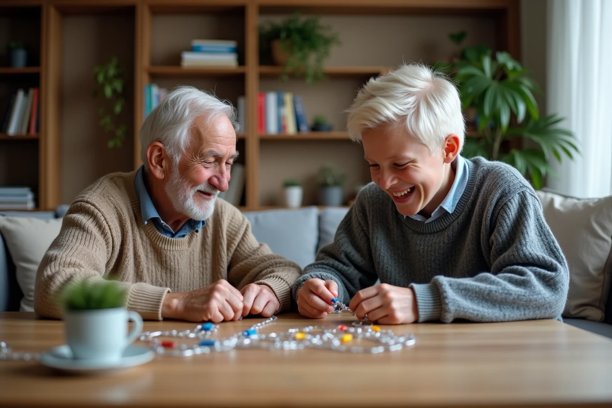 Grand-pere et enfant jouant avec des papier clips dans le salon