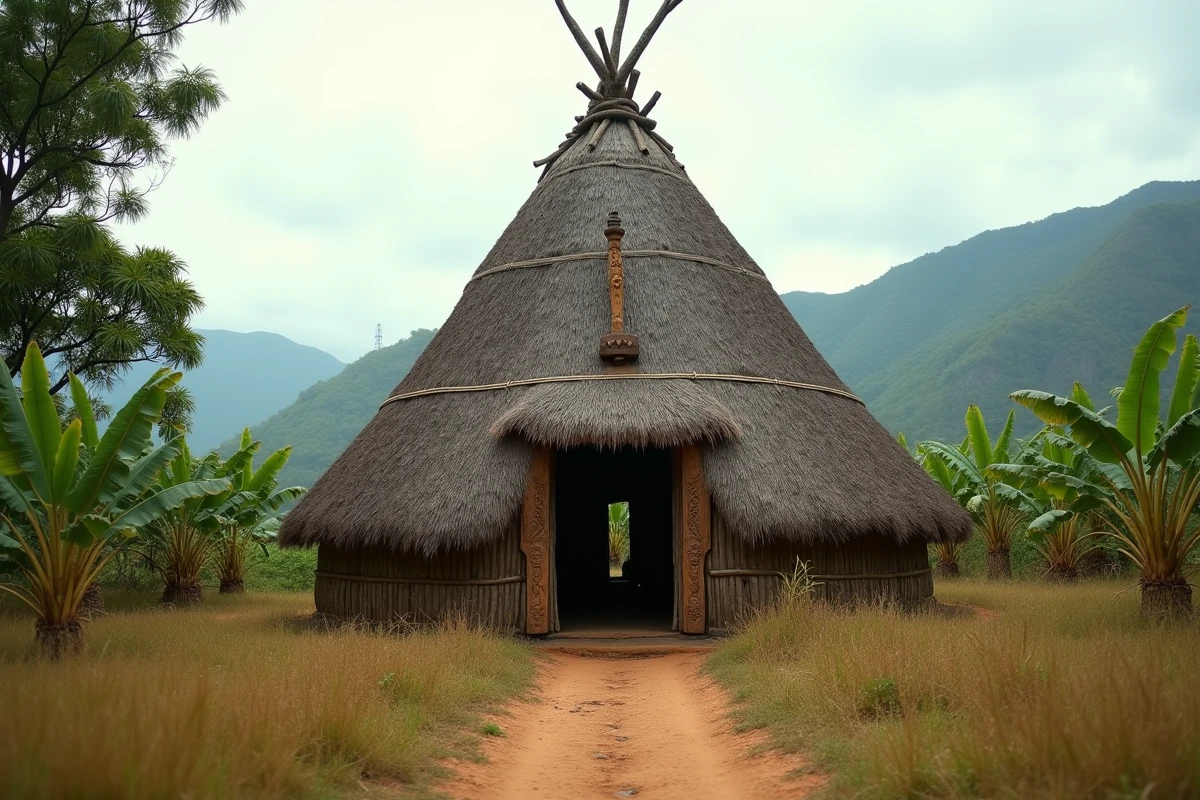 Grande case kanak traditionnelle avec totem sculpté à l'entrée dans un village de Nouvelle-Calédonie, symbole de la culture et de la résistance mélanésienne