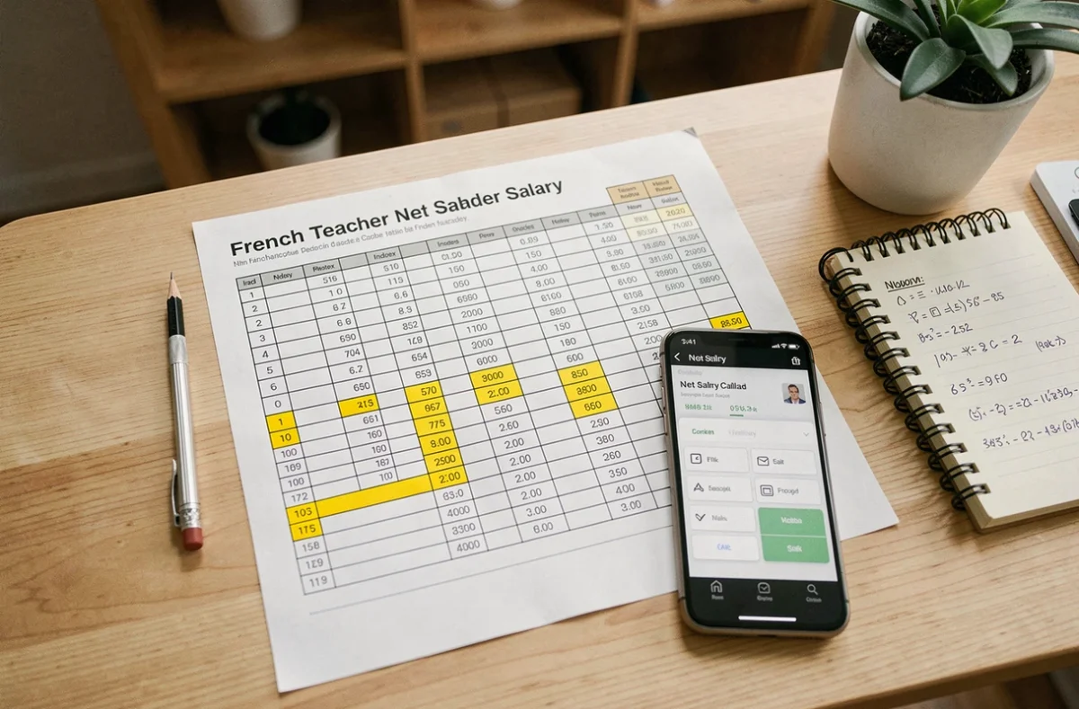 Vue de dessus d'une grille de salaire de professeur certifié avec calculatrice de salaire net sur smartphone