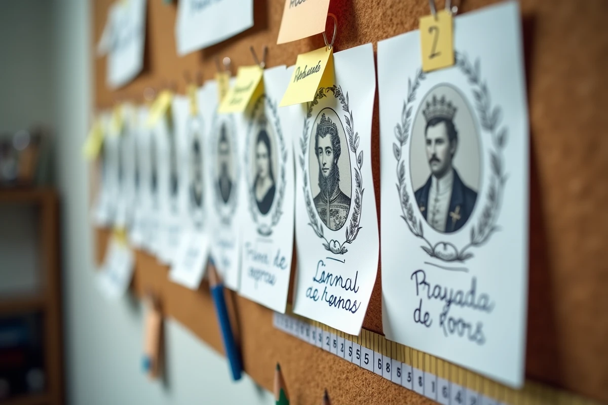 Gros plan d'une frise des Rois de France annotée avec des notes mnémotechniques sur un tableau en liège
