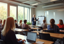 Groupe d'adultes en formation dans une salle lumineuse