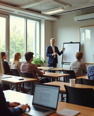 Groupe d'adultes en formation dans une salle lumineuse