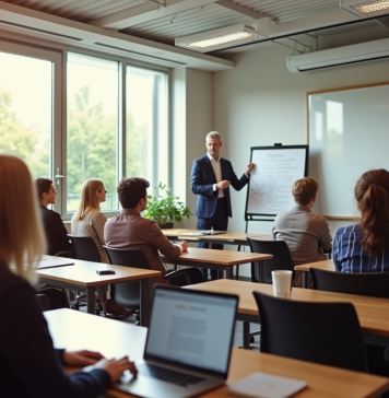 Groupe d'adultes en formation dans une salle lumineuse