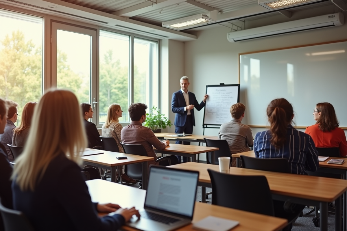 Groupe d'adultes en formation dans une salle lumineuse