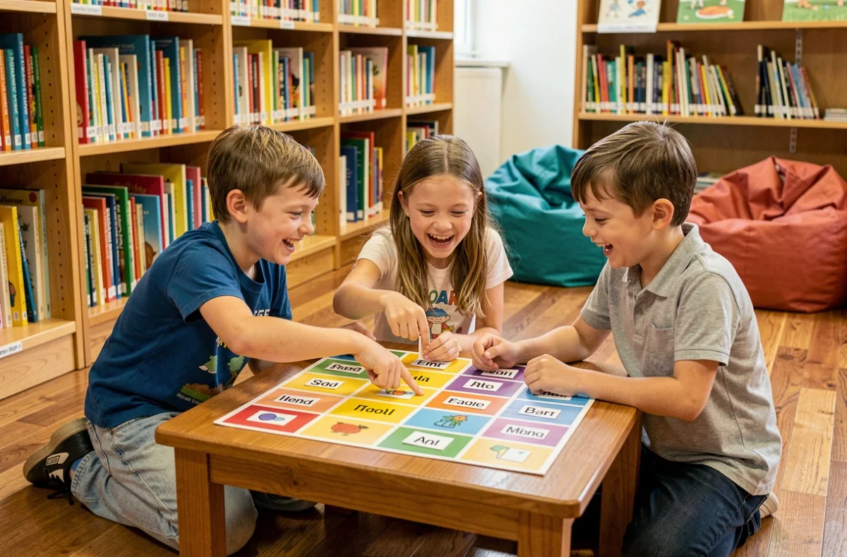 Groupe de trois enfants jouant ensemble à un jeu sémantique de vocabulaire dans une bibliothèque scolaire