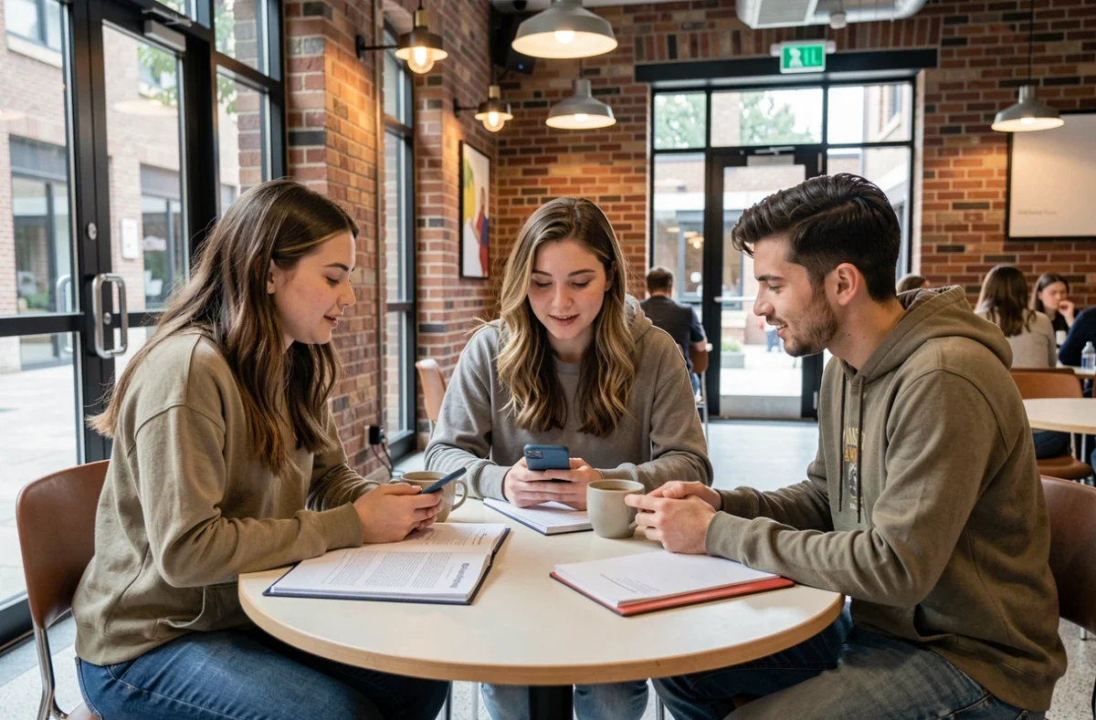 Groupe d'étudiants comparant leurs programmes et semaines de cours selon différentes filières dans un café universitaire