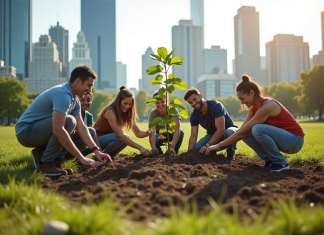 Concepts du développement durable : explication et importance pour l’avenir Groupe de personnes plantant des arbres dans un parc urbain