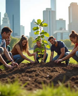 Groupe de personnes plantant des arbres dans un parc urbain