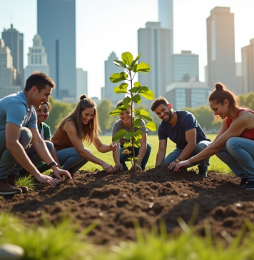 Concepts du développement durable : explication et importance pour l’avenir Groupe de personnes plantant des arbres dans un parc urbain