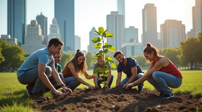 Groupe de personnes plantant des arbres dans un parc urbain