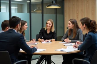 Groupe divers de professionnels en réunion au bureau