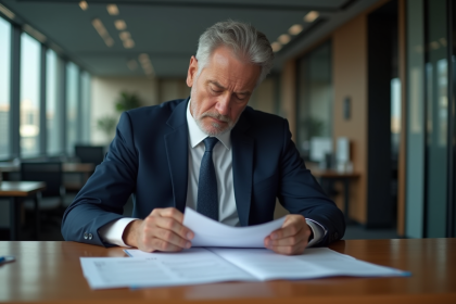 Homme d'affaires en costume bleu examine des documents