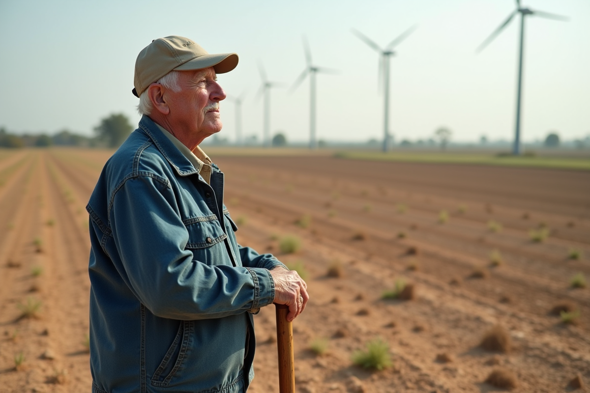 Homme âgé regardant un champ sec avec des cultures en difficulté