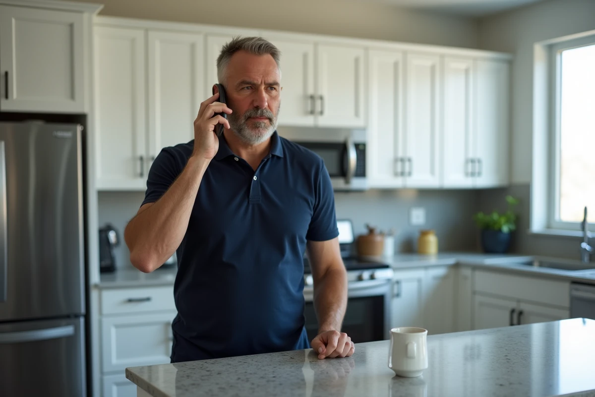 Homme appelant le service client AliExpress par téléphone depuis sa cuisine