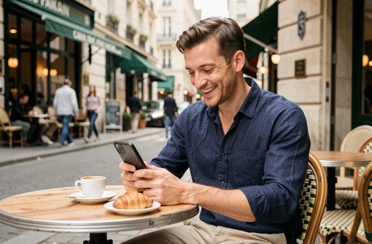 Homme souriant consultant une application de rencontre sur son smartphone en terrasse de café à Paris