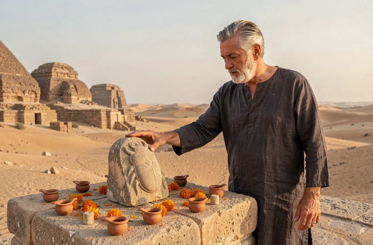 Homme en prière devant un autel de pierre avec un scarabée égyptien sculpté dans un paysage désertique