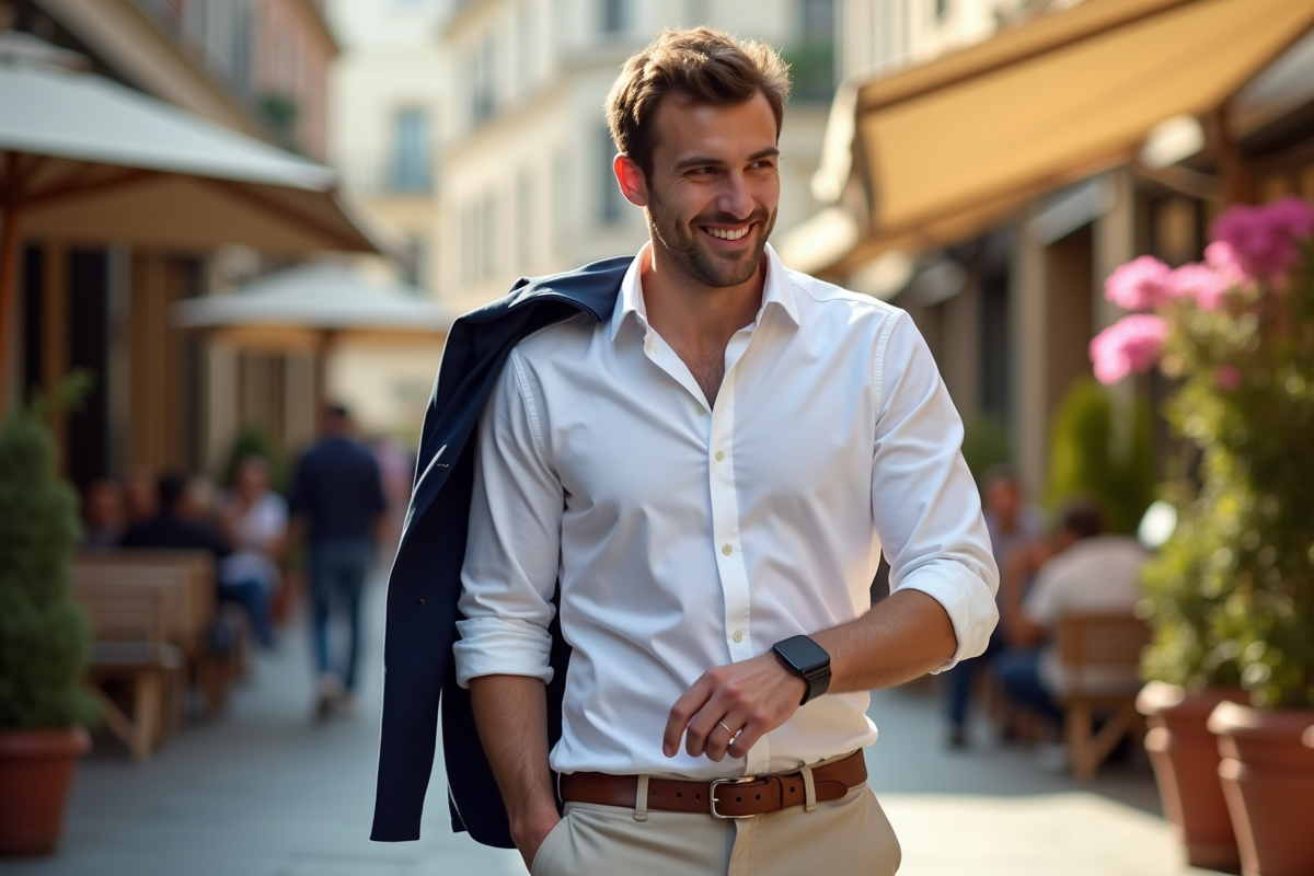 Homme souriant vérifiant sa montre en ville