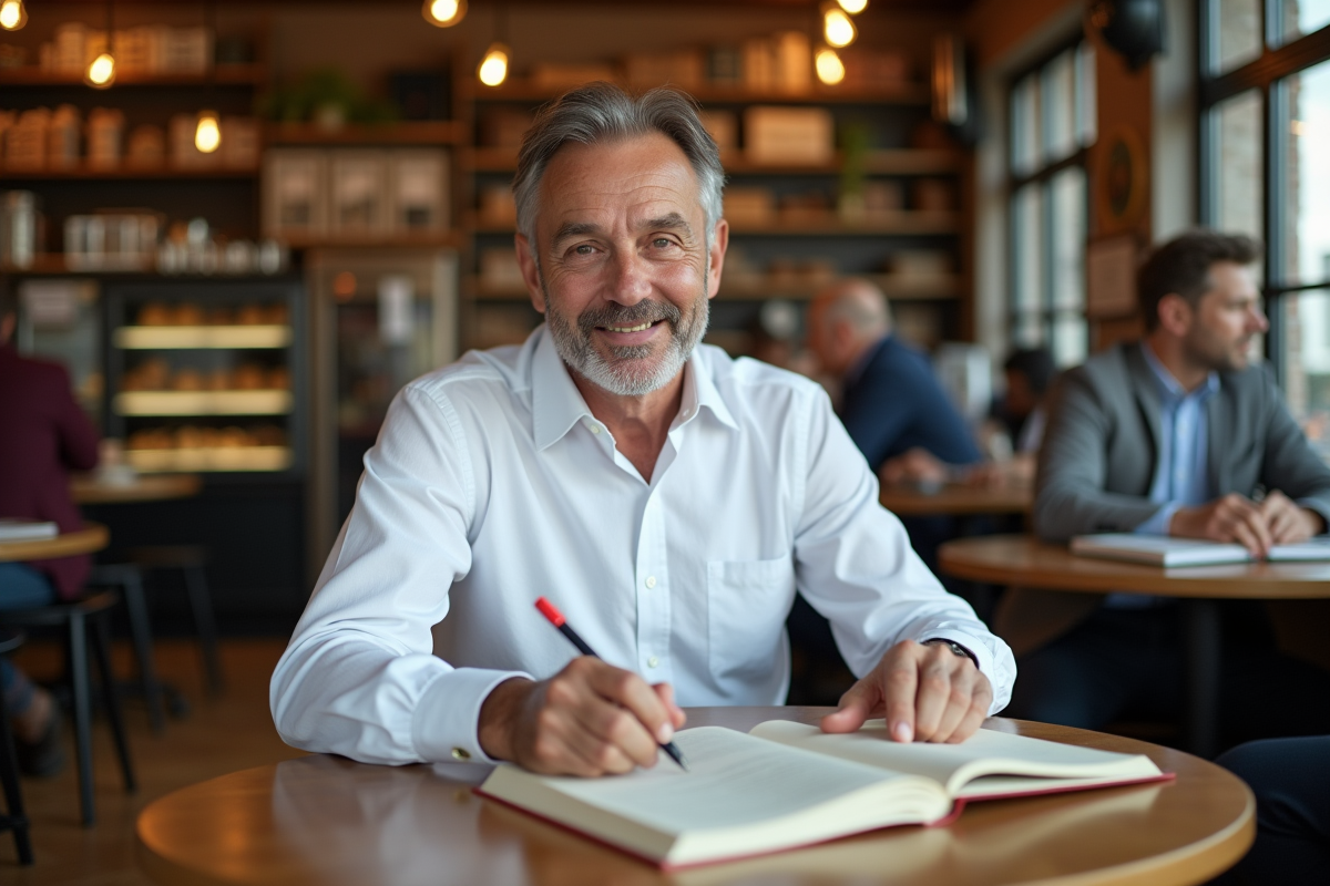 Homme en café comparant un livre et des notes pour traduire