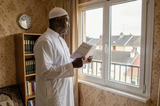 Homme tenant un calendrier des heures de prière devant une fenêtre avec vue sur Nanterre