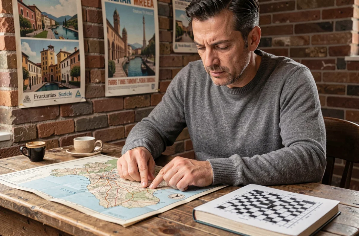 Homme consultant une carte des villes italiennes à côté d'une grille de mots croisés sur un bureau en bois rustique