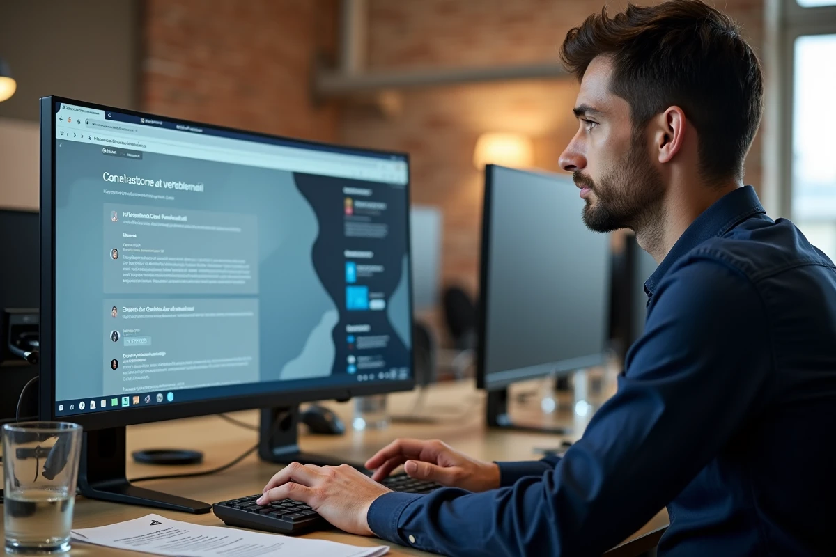 Homme rédigeant un CV avec ChatGPT gratuit en français sur un écran d'ordinateur dans un espace de coworking moderne