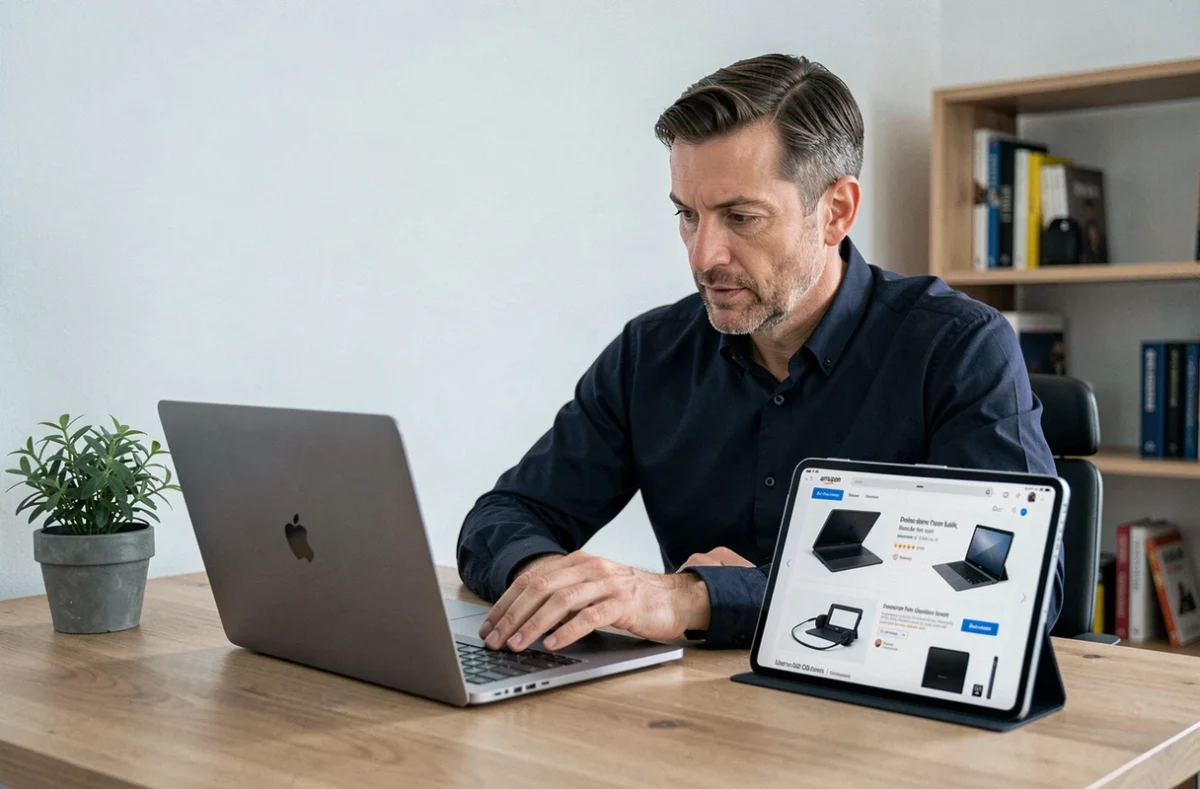 Homme comparant un ordinateur portable reconditionné Amazon avec une fiche produit sur tablette dans un bureau minimaliste à domicile