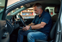 Comment se servir d’une valise de diagnostic automobile pour entretenir votre voiture ? Homme au volant connectant un scanner auto dans un garage