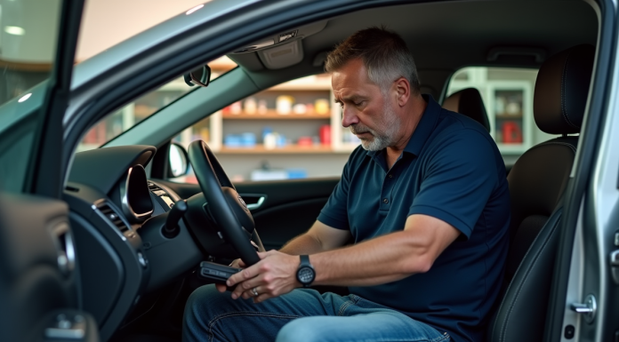 Homme au volant connectant un scanner auto dans un garage