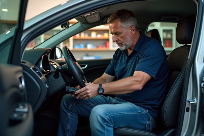 homme-diagnostic-voiture Homme au volant connectant un scanner auto dans un garage