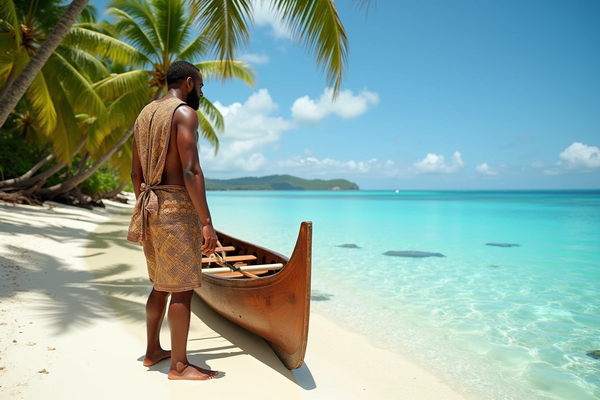 Homme fidjien en tenue traditionnelle près d'un canoë sur une plage des îles Fidji