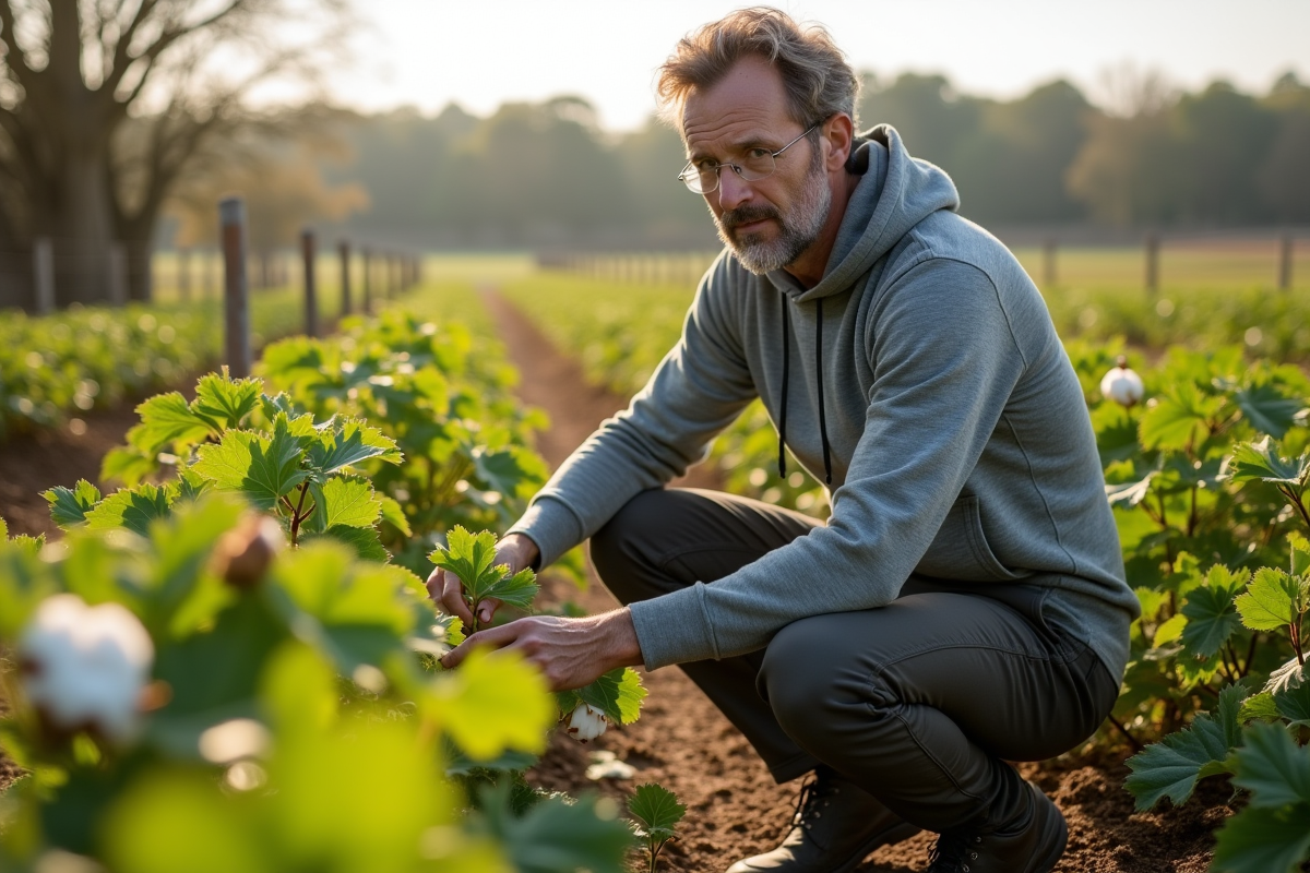Homme vérifiant des plants de coton bio dans un champ
