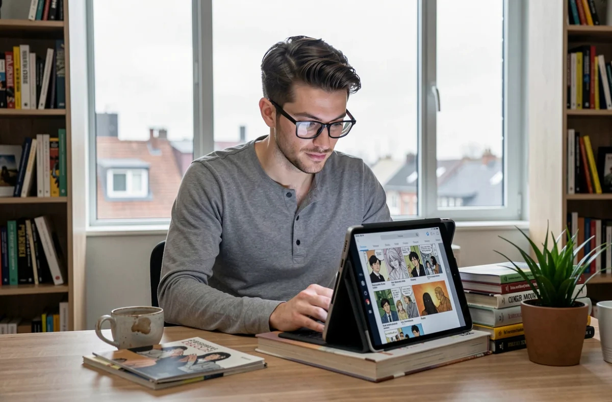 Homme adulte lisant un scan onepiece sur tablette sans spoilers dans un appartement moderne