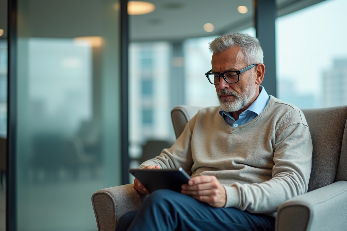 Homme âgé utilisant une tablette dans un bureau moderne