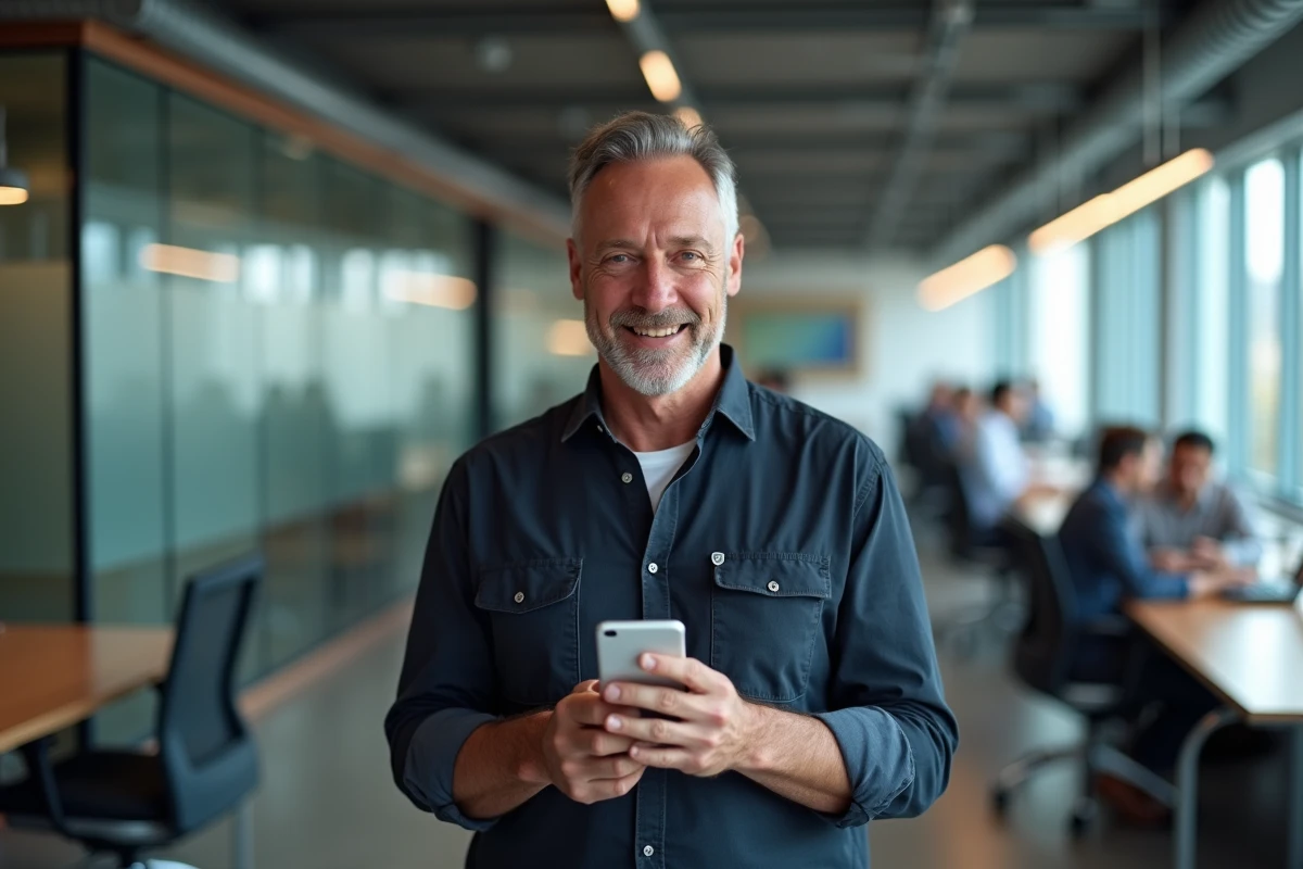 Homme consultant une application de marketplace sécurisée sur smartphone dans un espace de coworking moderne