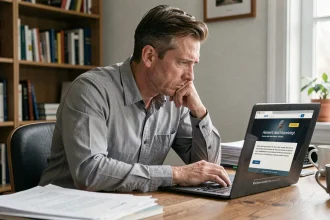 Homme méfiant regardant un site web suspect sur son ordinateur portable dans un bureau à domicile