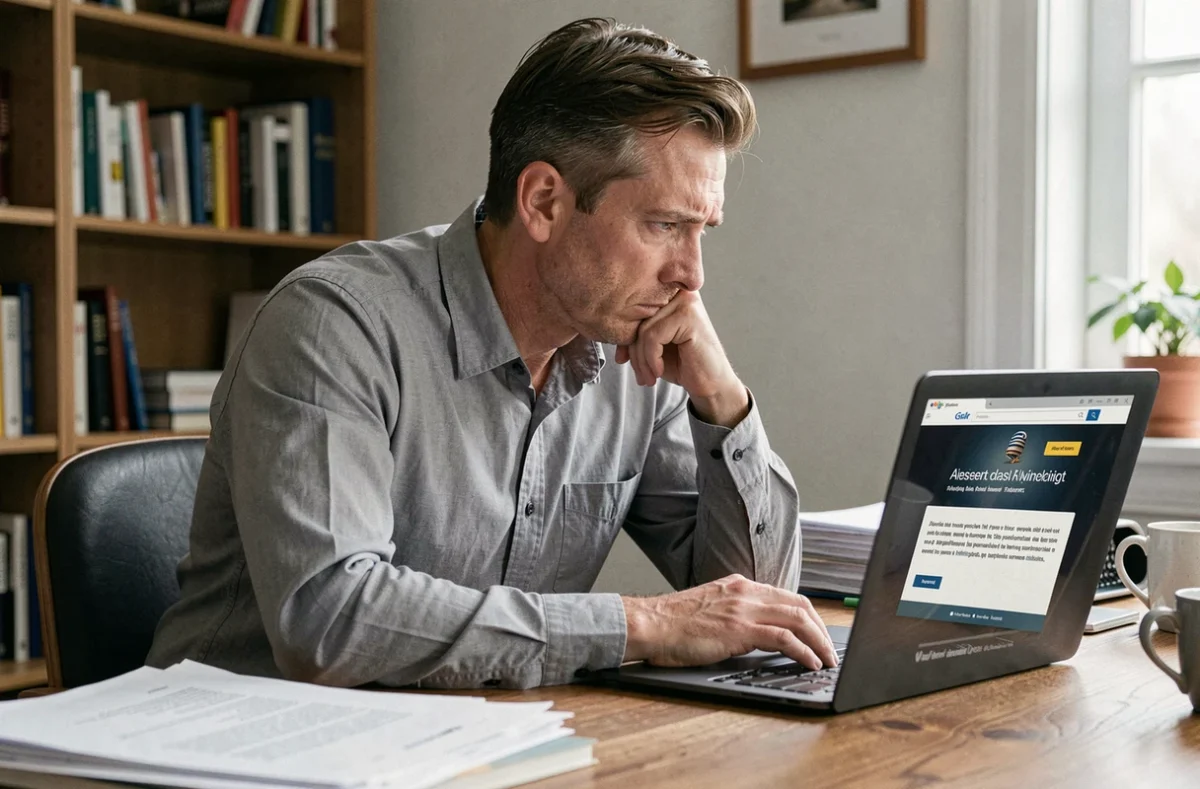 Homme méfiant regardant un site web suspect sur son ordinateur portable dans un bureau à domicile