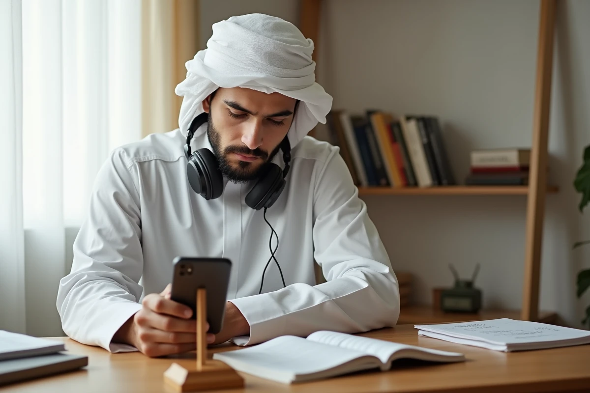 Jeune homme musulman mémorisant la dou'a istikhara grâce à un audio sur smartphone à son bureau