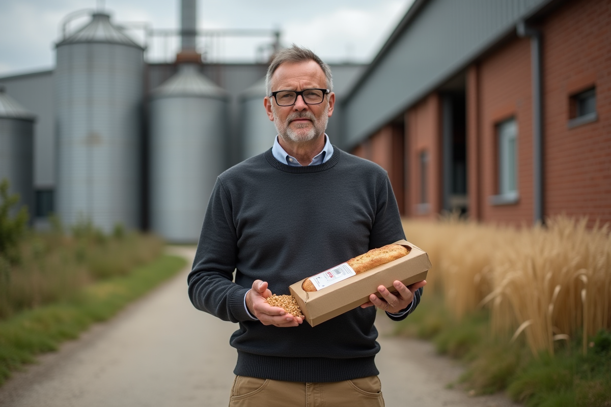 Homme avec blé et pain devant une usine industrielle