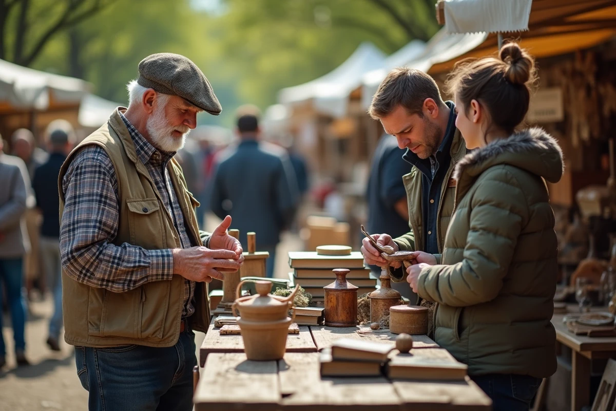 Homme âgé négociant avec un couple sur des objets anciens