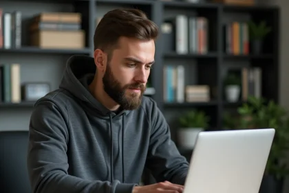 Homme utilisant un ordinateur portable face à un message d'erreur d'accès à un site bloqué