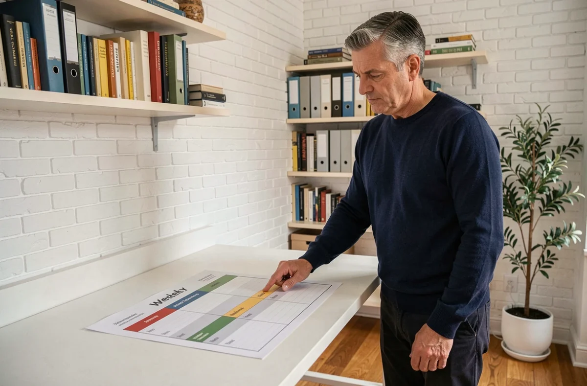 Homme consultant un tableau de planification semaines paires impaires dans un bureau à domicile