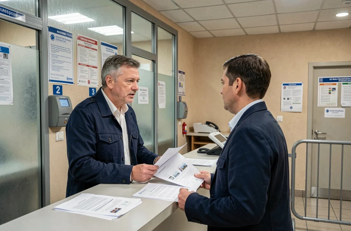 Homme déposant un dossier ANTS en préfecture et discutant avec un agent administratif