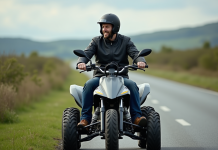 Homme en quad sur le bord de la route avec paysage naturel