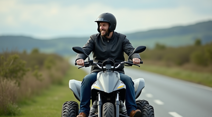Homme en quad sur le bord de la route avec paysage naturel
