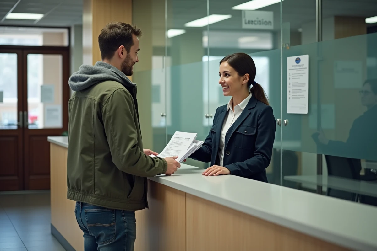 Homme remettant documents à la réception dans un bâtiment public